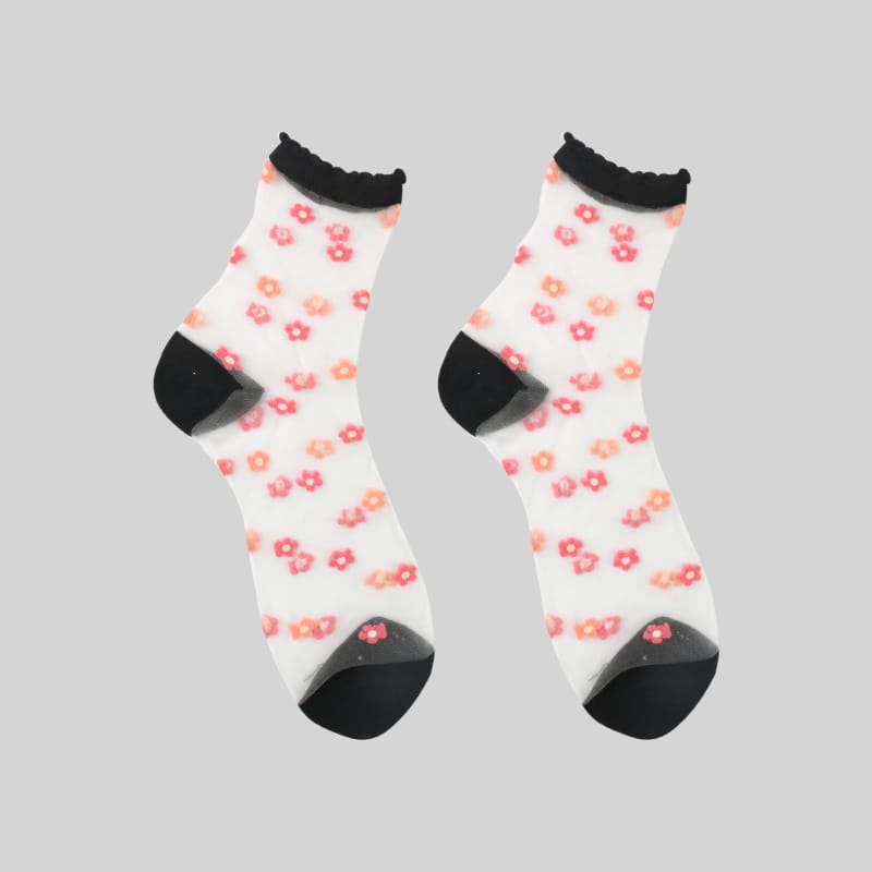 Sommerliche, durchsichtige, kleine Blumen-Glaskristall-Spitzensocken mit transparentem Blumenmuster