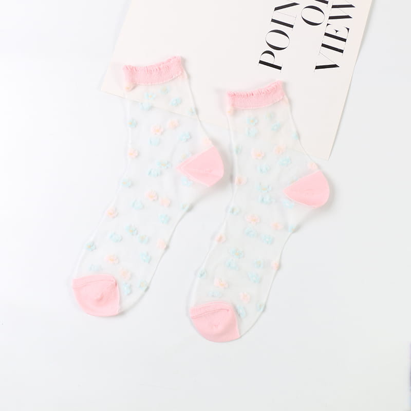 Sommerliche, durchsichtige, kleine Blumen-Glaskristall-Spitzensocken mit transparentem Blumenmuster