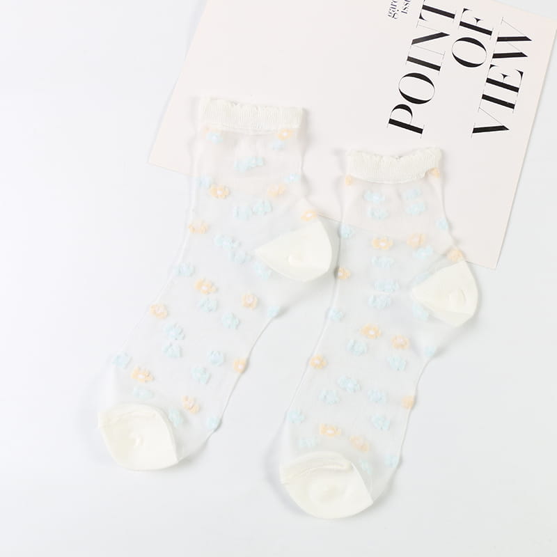 Sommerliche, durchsichtige, kleine Blumen-Glaskristall-Spitzensocken mit transparentem Blumenmuster