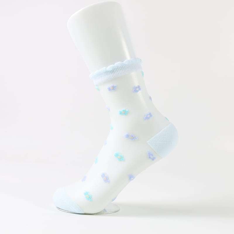 Sommerliche, durchsichtige, kleine Blumen-Glaskristall-Spitzensocken mit transparentem Blumenmuster