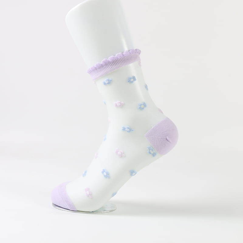 Sommerliche, durchsichtige, kleine Blumen-Glaskristall-Spitzensocken mit transparentem Blumenmuster