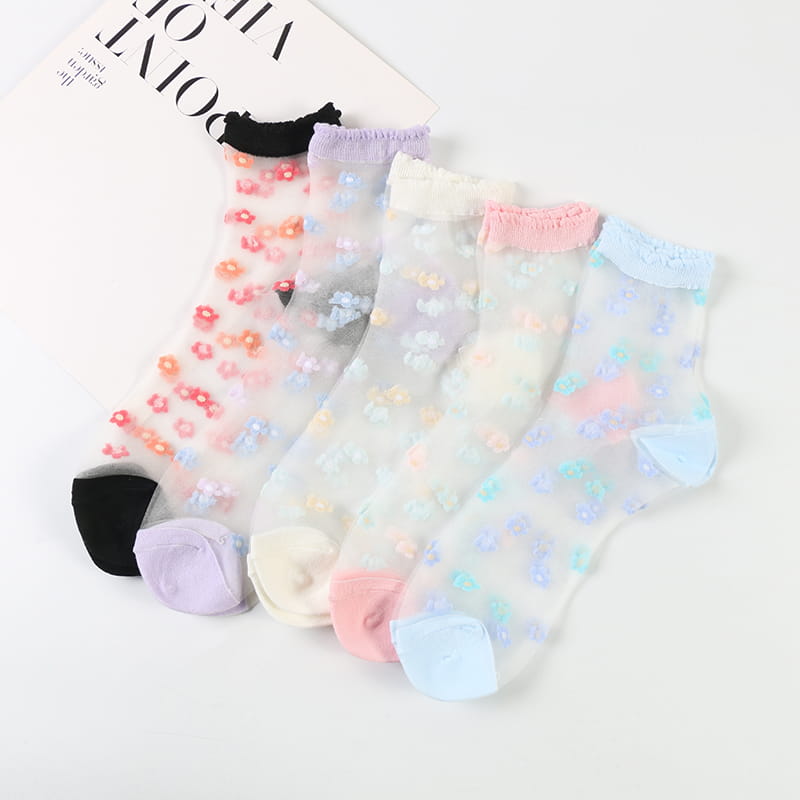 Sommerliche, durchsichtige, kleine Blumen-Glaskristall-Spitzensocken mit transparentem Blumenmuster