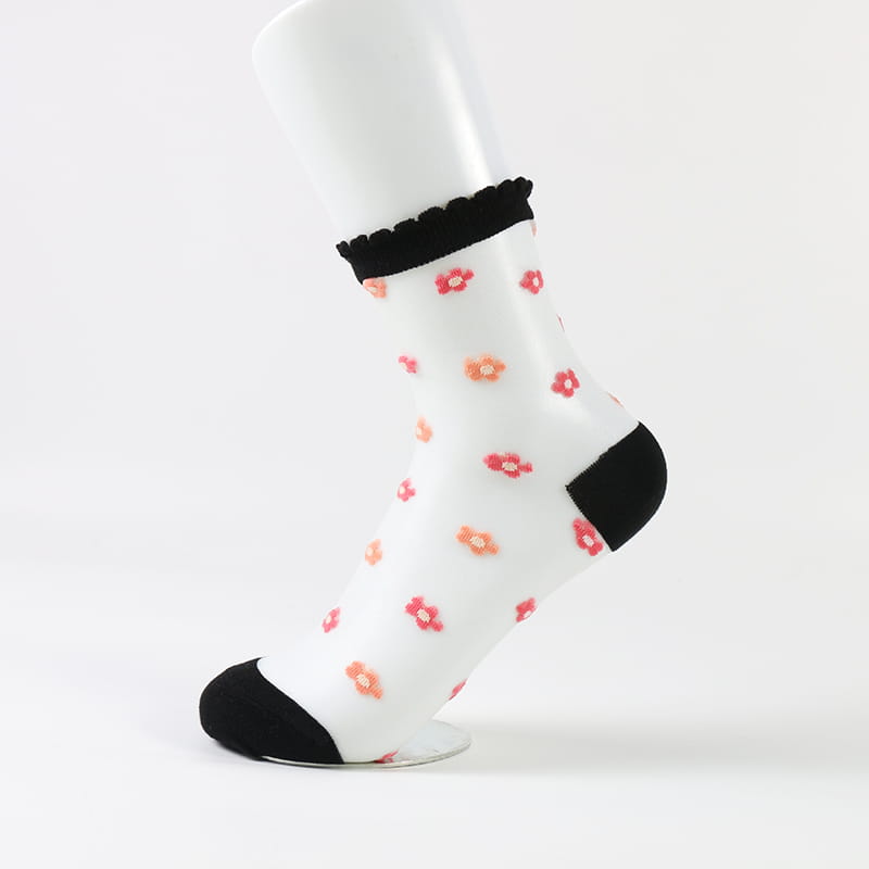 Sommerliche, durchsichtige, kleine Blumen-Glaskristall-Spitzensocken mit transparentem Blumenmuster