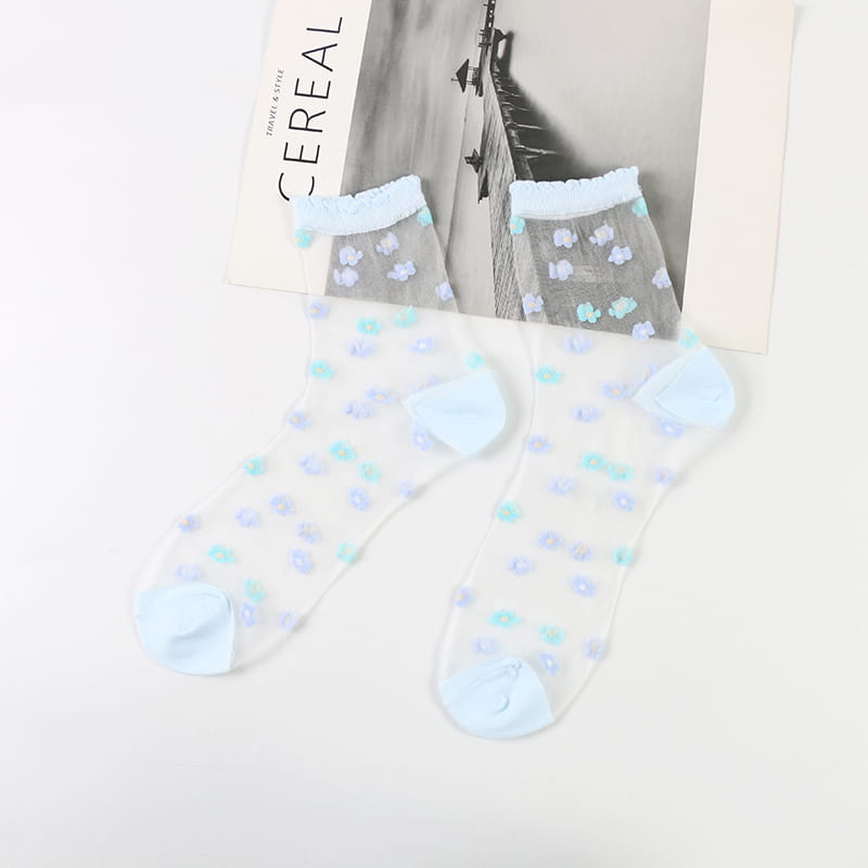 Sommerliche, durchsichtige, kleine Blumen-Glaskristall-Spitzensocken mit transparentem Blumenmuster