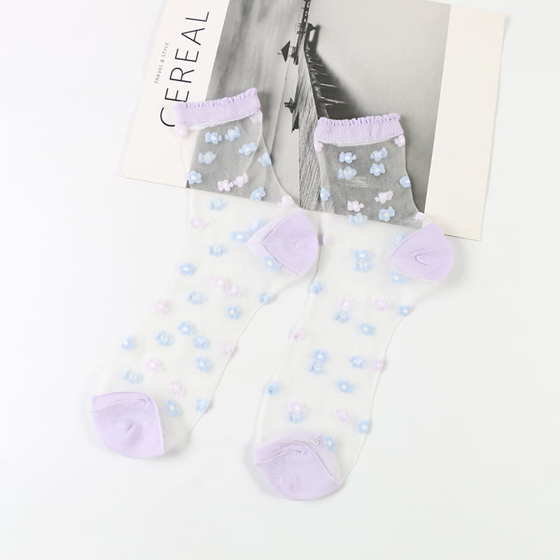 Sommerliche, durchsichtige, kleine Blumen-Glaskristall-Spitzensocken mit transparentem Blumenmuster