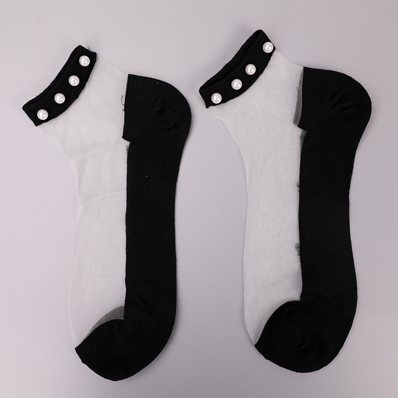 Mode nylon transparent seide baumwolle unten frauen boot socken top perle glas kristall seide frauen boot socken WSD1288