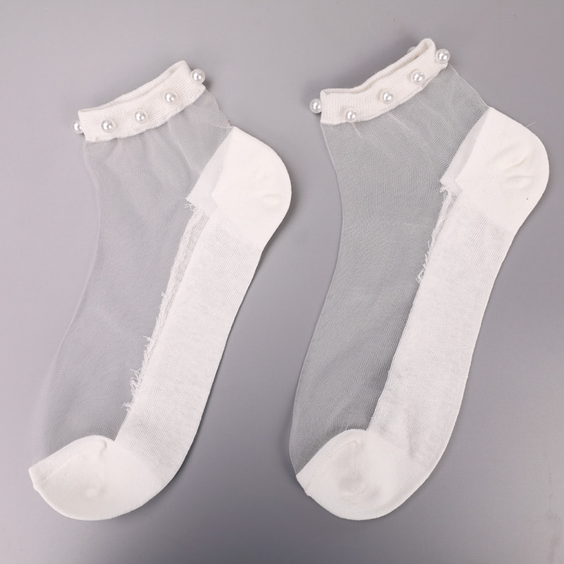 Mode nylon transparent seide baumwolle unten frauen boot socken top perle glas kristall seide frauen boot socken WSD1288