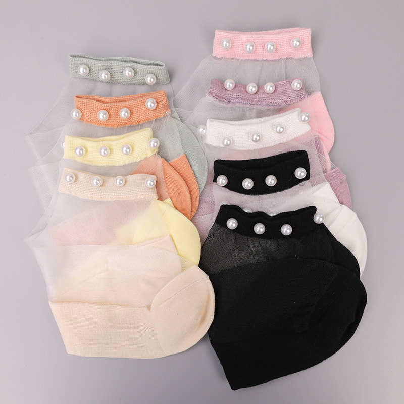 Mode nylon transparent seide baumwolle unten frauen boot socken top perle glas kristall seide frauen boot socken WSD1288