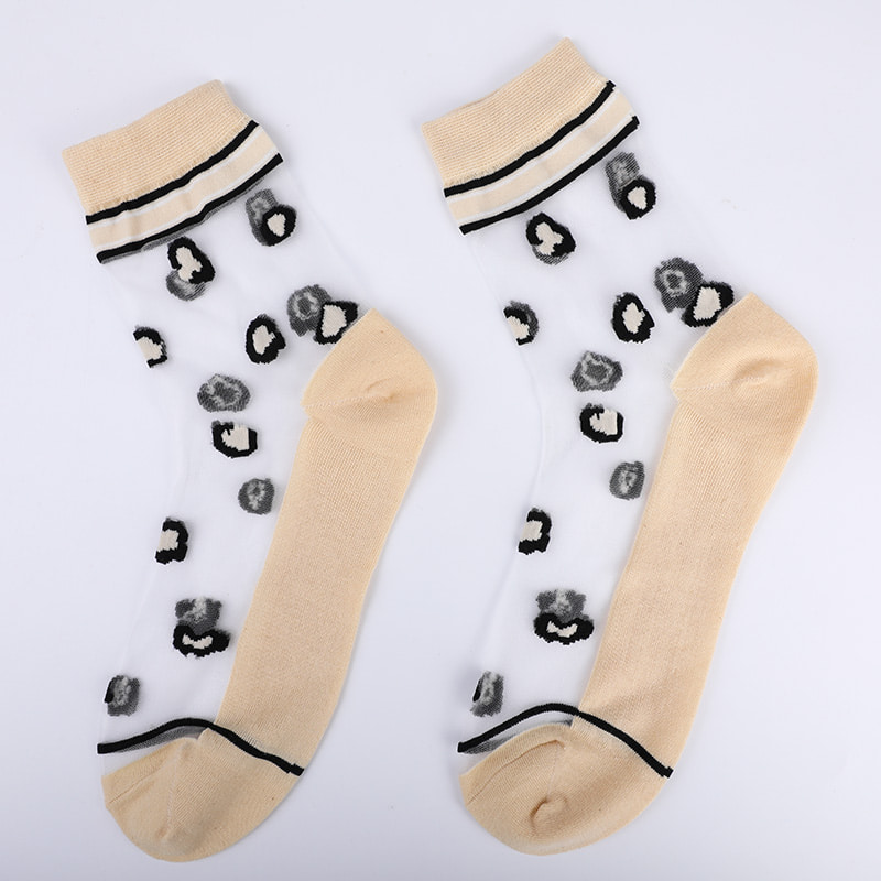 Mode transparente Nylon-Seide-Baumwoll-Unterseite Damensocken Leopardenmuster Blume transparente Seiden-Damensocken Kristallseide-Damensocken WSD1939