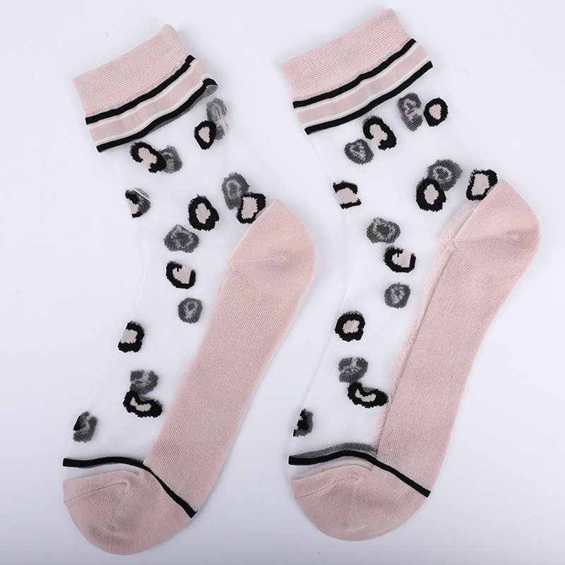 Mode transparente Nylon-Seide-Baumwoll-Unterseite Damensocken Leopardenmuster Blume transparente Seiden-Damensocken Kristallseide-Damensocken WSD1939