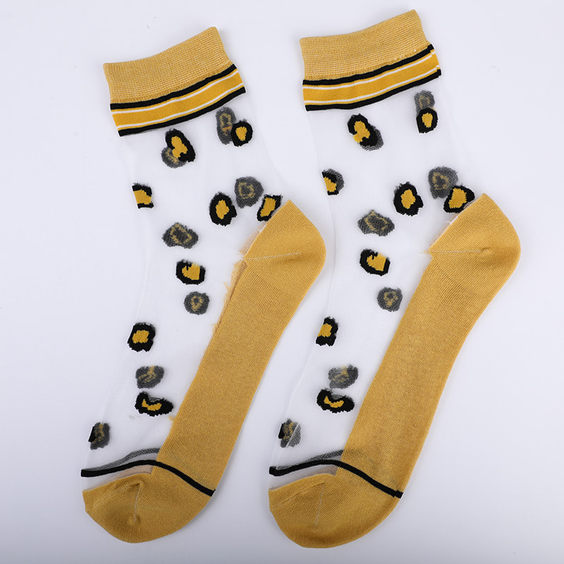 Mode transparente Nylon-Seide-Baumwoll-Unterseite Damensocken Leopardenmuster Blume transparente Seiden-Damensocken Kristallseide-Damensocken WSD1939