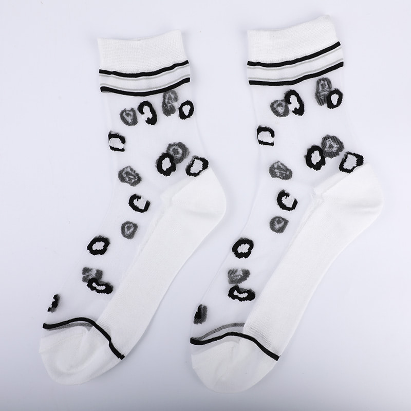 Mode transparente Nylon-Seide-Baumwoll-Unterseite Damensocken Leopardenmuster Blume transparente Seiden-Damensocken Kristallseide-Damensocken WSD1939
