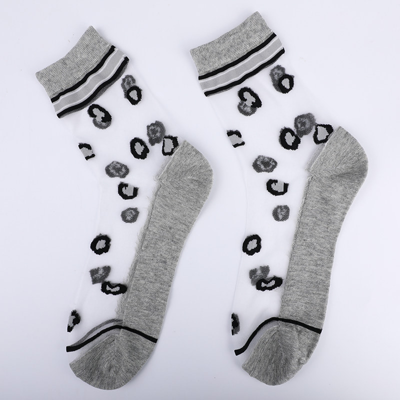 Mode transparente Nylon-Seide-Baumwoll-Unterseite Damensocken Leopardenmuster Blume transparente Seiden-Damensocken Kristallseide-Damensocken WSD1939