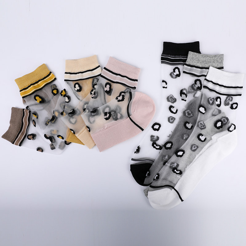 Mode transparente Nylon-Seide-Baumwoll-Unterseite Damensocken Leopardenmuster Blume transparente Seiden-Damensocken Kristallseide-Damensocken WSD1939