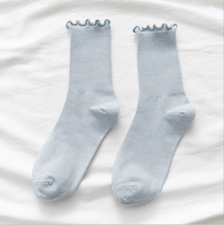 Einfarbige Slouch-Socken für Damen und Mädchen, gerippte Damensocken aus Baumwolle mit Rüschen